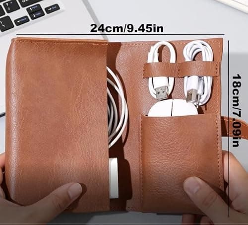 DUWUZEST Vintage Pu leather Electronic organizer travel case,cord organizer travel, Leather charger shortage for essentials mouse, adapter, cables (vintage brown) — view 3