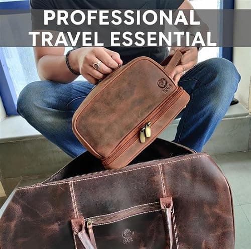 Leather Toiletry Bag for Men - Full Grain Leather Wash Bag - Travel Shaving Dopp Kit Toiletries Organizer - Cosmetic Makeup Bag for Women — view 6