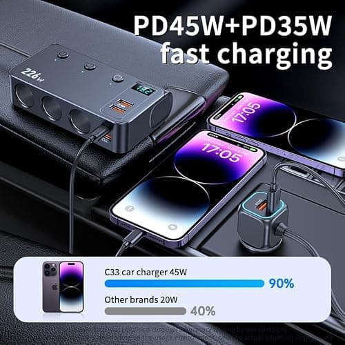226W Car Charger Cigarette Lighter Splitter, 9-in-1 Multi-Port Car Power Adapter with 3 Sockets, Dual PD USB-C, 4 USB Ports, LED Voltmeter, Fast Charging for 12V–24V Vehicles — view 4