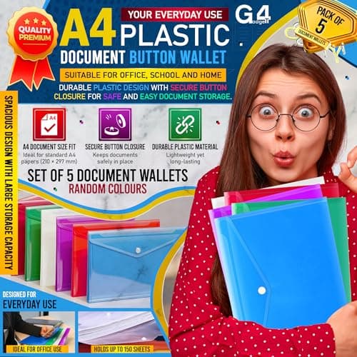 5 Assorted Color A4 Popper Wallets - Clear Plastic Paper Wallets for Document Storage and Office Organization Supplies - Lightweight Transparent Folders with Snap Closure — view 2