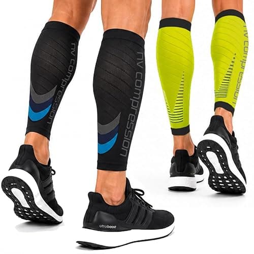 NV Compression Essential Race and Recover Calf Guards/Sleeves (PAIR) 20-30mmHg - For Sports Recovery, Shin Splints, Medical, Work, Flight - Running, Cycling, Gym (Bk/Red Chevrons, L-XL)
