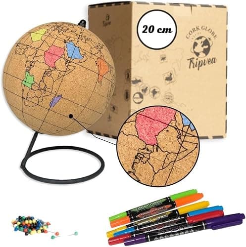 TRIPVEA® 20 cm Globe with Marker - Vintage Cork to Color - Travel Themed Decoration - Original and Creative Gift Idea for geography enthusiasts