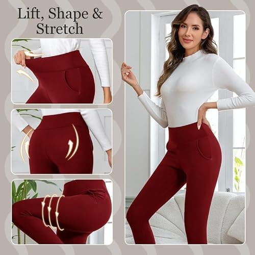 CrystErzoix Fleece Lined Leggings Women High Waisted Thermal Leggings Thick Ladies Sports Yoga Leggings Winter Warm with Pockets, Wine Red M — view 5