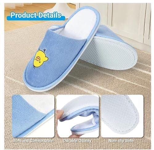 NUHUi 6 Pairs Kids Disposable Spa Slippers Age 4-8 Indoor House Hotel Kids Guest Spa Smiling Yellow Chicken Face Blue 4.5-5 Years Big Kid, blue, 4.5-5 Years — view 5