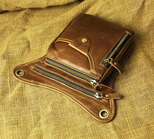 Le'aokuu Mens Genuine Leather Motorcycle Waist Pack Messenger Shoulder Drop Leg Bag 211-5 (211-5 Light Brown 3) — view 6
