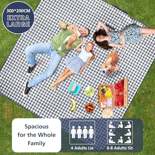 Anyiner Picnic Blanket Waterproof 300x200cm Large Travel Blanket Beach Blanket, Slip Resistant With Carrying Handle for Family Picnic Beach Camping, Blue Plaid (Blue, 300 x 200 cm) — view 2