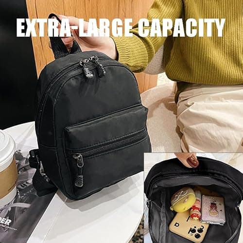 CYZTD Small Backpack for Women & Girls, Casual Shoulder Bag with Front Pocket for Travel, Black Rucksack, Lightweight Nylon Mini Backpack Daypack with Adjustable Strap, Shopping, Daily Use — view 5