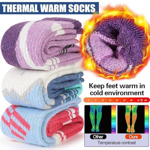 Sandsuced Merino Wool Ski Socks for Mens Womens Winter Thermal Warm Heated Thick Knee High Snowboarding Skiing Socks for Cold Weather 3 Pairs Gifts Stocking Fillers(Red/Blue/Purple,M) — view 3