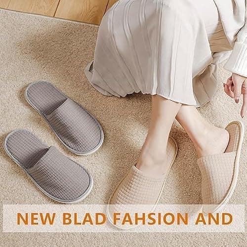 12 Pairs Disposable Hotel Slippers, Non-Slip, for Men and Women, Khaki+Grey — view 2