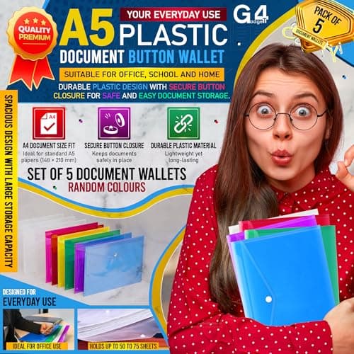 G4GADGET A5 Plastic Document Wallets with Popper - Pack of 5 | Assorted Colors | Waterproof, Durable & Transparent A5 File Folders for School, Office, Home & Travel — view 2