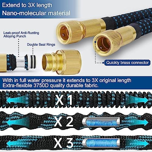 ZhiheHui Garden Hose 50FT Garden Retractable Hose w/ 3/4''，1/2 Fitting & 16mm Universal Adapter Garden Hose w/ 10 Patterns of Water Spray Guns Garden Watering Car Washing Pet Bathing etc.，Blue 50ft — view 4