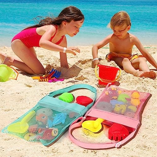 Vinsani Set of 4 Adjustable Reusable Mesh Beach Bags – Lightweight Shoulder Tote for Travel, Pool, Sand Toys, Swimming, Shopping – Adults, Teens & Kids (Blue, Green, Navy & Pink) — view 2