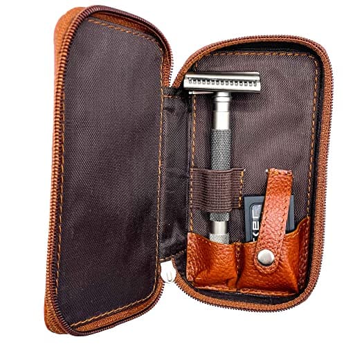 Parker Safety Razor Genuine Leather Double Edge Safety Razor Zippered Travel Case With Compartment For Blades Too - From Saddle Brown — view 6