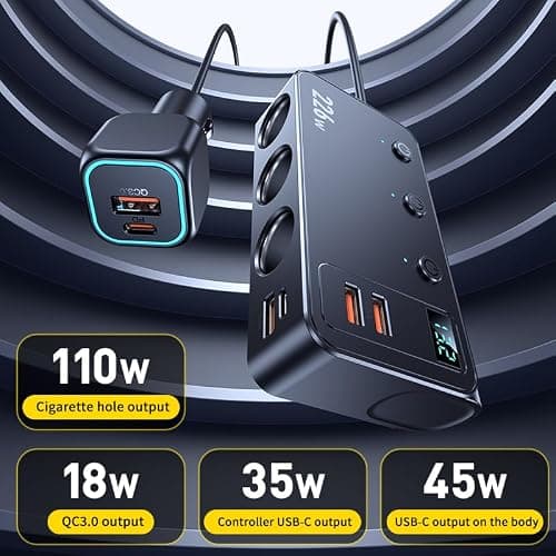 226W Car Charger Cigarette Lighter Splitter, 9-in-1 Multi-Port Car Power Adapter with 3 Sockets, Dual PD USB-C, 4 USB Ports, LED Voltmeter, Fast Charging for 12V–24V Vehicles — view 5