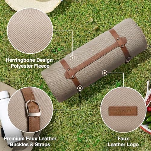 VonShef Picnic Blanket, Beige Herringbone, 200x220cm — view 5