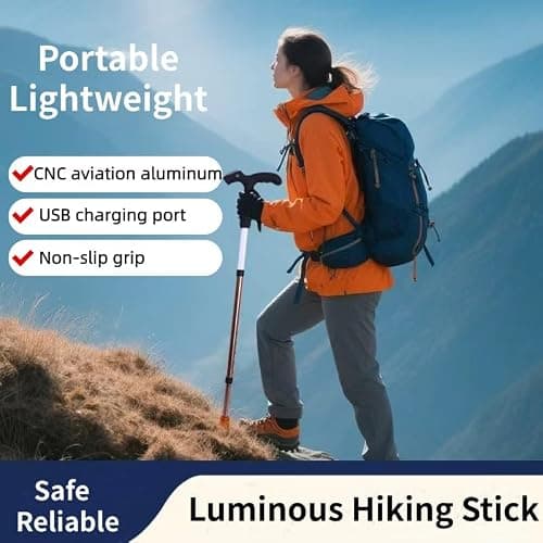 JT-HLM Luminous Trekking Pole, Height Adjustable Walking Sticks for Women and Men, Walking Stick with LED Light for Night Climb, Recharged Glowing Travel Trekking Pole IP67 Waterproof Hiking Poles — view 3