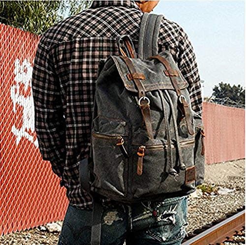 Vintage Unisex Casual Leather Backpack Canvas Rucksack Bookbag Satchel Hiking Backpack Travel Outdoor Shouder Bag (Grey) 27.9 x 16 x 41.9 cm — view 2
