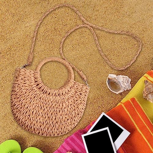 Wisebom Straw Beach Bag for Women, Handwoven Tote Bag Straw Crossbody Bag Hand Weave Shoulder Bag, Rattan Handbag Hollow Boho Style Clutch Purse for Beach Travel Daily Use — view 6