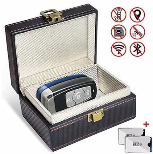 KAV Faraday Box with 2 Faraday Pouches - RFID Signal Blocking Car Key Fob Protector, Anti-Theft Keyless Entry Case for Keys, Phones & Cards, Durable Carbon Fiber Design with PU Leather & Wood — view 6
