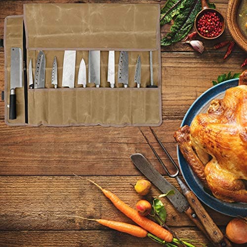 QEES Chefs Knife Roll Bag 11 Slots, Heavy Duty Waxed Canvas Knife Bag, Waterproof Knife Case for Camping, Hiking, Multi-function Tool Roll Bag (Khaki) — view 6