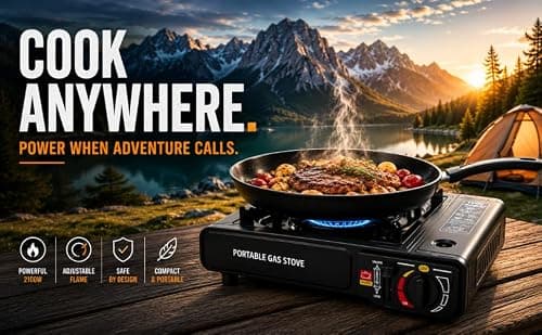 OptiProducts Portable Camping Stove with Carry Case & 4 Butane Gas Canisters – Black Single Burner Gas Cooker, Automatic Piezo Ignition, Adjustable Heat Control, EN417 Compliant, 2100W — view 2