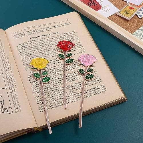 Metal Flower Leaf Bookmarks Rose Book Clip, Alloy Reading Bookmark Page Folder Office Supplies(Yellow Rose) — view 2