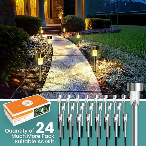 GIGALUMI Solar Lights Outdoor Garden Waterproof,24 Pack,Stainless Steel LED Solar Garden Lights for Patio, Lawn, Yard and Landscape Decor, Warm White — view 5