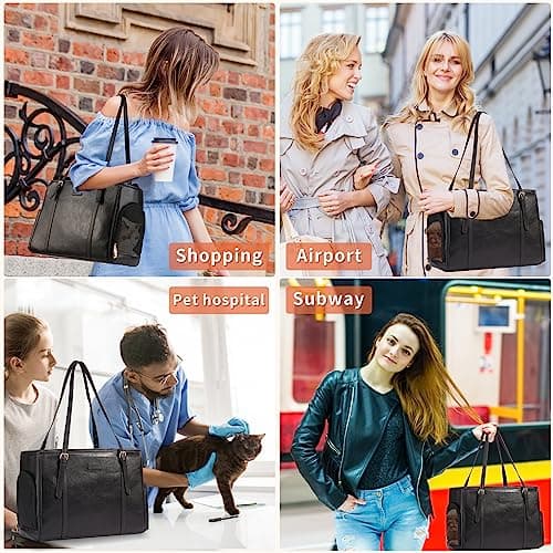 Lasaviin Trendy Leather Handbag for Small Dogs, Cats, Puppies, Portable Tote Bag Airline Approved (Black) — view 5