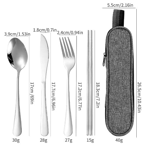 HHZalvyre Stainless Steel Cutlery Set for 1 Person, Portable Travel Utensils with Case, 4-Piece Camping Set with Knife Fork Spoon & Metal Chopsticks, Reusable Silver Cutlery Set for Work Lunch — view 2