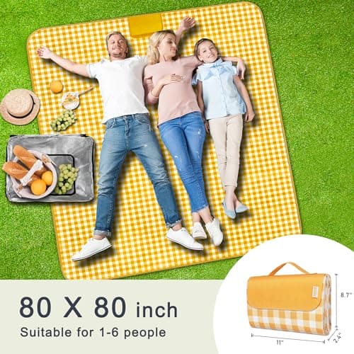 SAMSIER Outdoor Picnic Blankets Waterproof Foldable Sandproof, Large Gingham Cute Picnic Mat Washable Portable for Park Beach Camping Courtyard (Yellow, 200 x 200cm/80"×80") — view 2