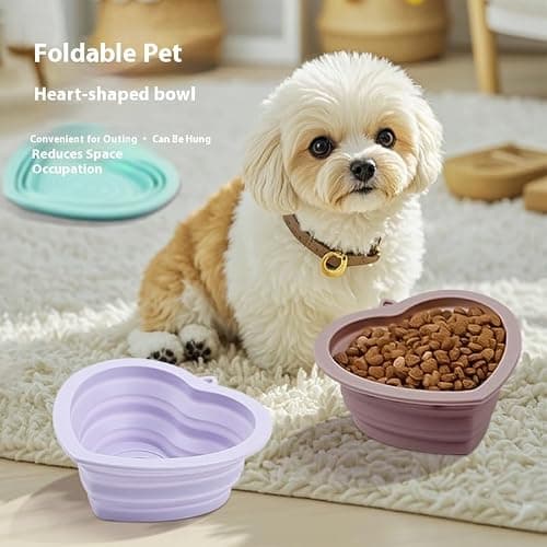 350ml Foldable Pet Water Bowl with Carabiner, Heart-Shaped Silicone Portable Water feeder Cup for Dog cats, Outdoor Dog watering feeding Dish, Small Puppy Travel playing disc- 2 Pack (purple) — view 3