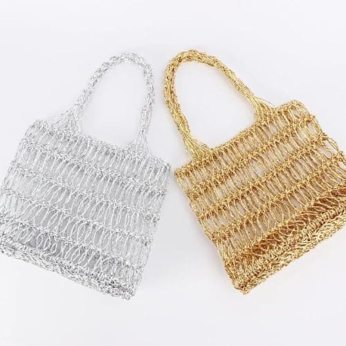 FUNSEED Straw Beach Tote Bag for Women, Gold and Silver Handbag for Beach Swimming Pool, Silver, S — view 4