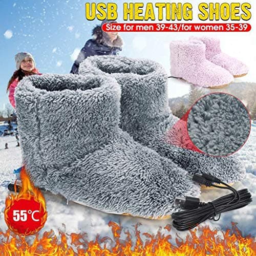 POENVFPO Winter Foot Warmer Shoes, Soft Electric Heating Shoes Plush USB Heated Snow Boots Carbon Fiber Heating Washable for Skiing Travel Office Home Women Men (Pink) — view 2