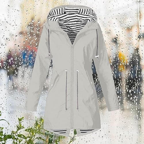 Gray Lightweight Waterproof Jacket for Women - Travel Cycling Rain Coats,Packable Windbreaker Coats Outwear with Hood,Loose Fit Casual Long Hooded Rain Jacket,Breathable Softshell Raincoat 5XL — view 2