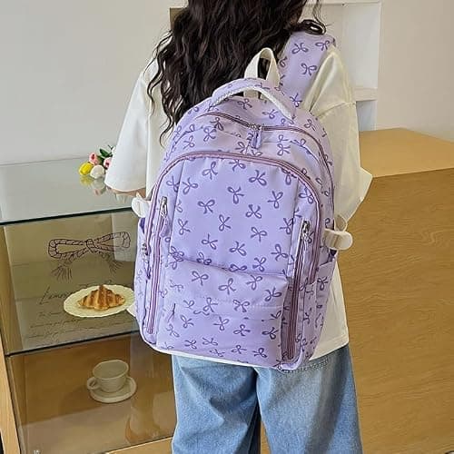 WMFASBAG 3Pcs Canvas Bow Print Students Bookbags Sets with Lunch Box and Pencil Case Travel Daypack Bag Large Capacity for Teens Girls Women College Outdoor — view 4