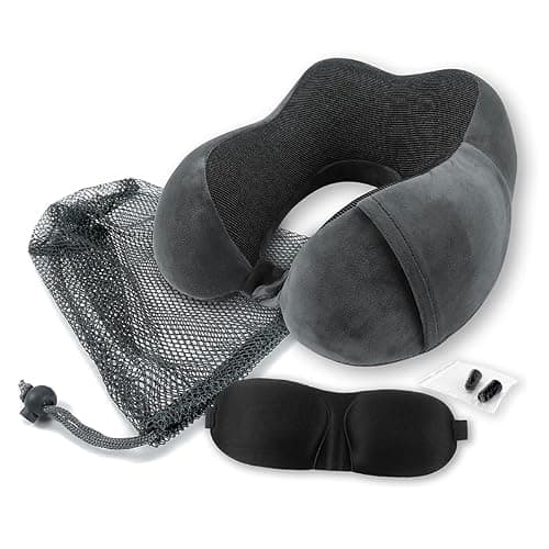 Wolf Essentials 4-Piece Memory Foam Neck Pillow Travel Set – Ergonomic Neck Support Pillow with Eye Mask, Earplugs & Mesh Carrying Case – Comfort for Airplane, Train, or Road Travel