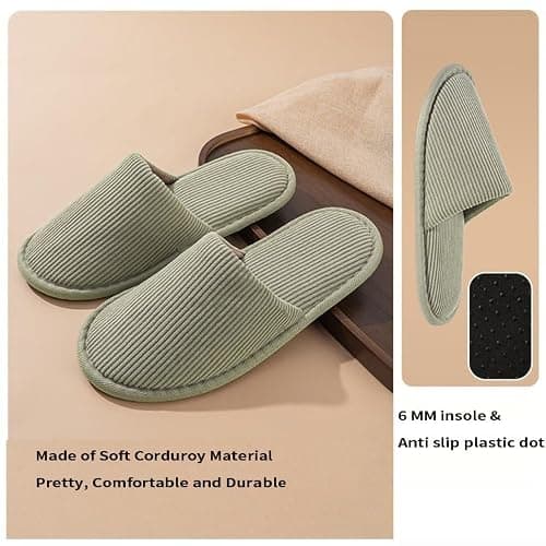 EQLEF 2 Pairs Washable Guest Slippers for Home, Hotel & Travel Premium Corduroy Indoor Slippers Non-Slip Lightweight Spa Slippers for Women and Men (Pink and Green for Women in UK Size 3-5) — view 3