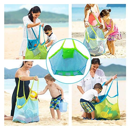Large Mesh Beach Bag for Toys Sand Away Tote with Zipper for Child Swim Pool Travel Sandy Shoes Wet Towels 18 x 12 x 18inch Green Straps Blue Mesh — view 6