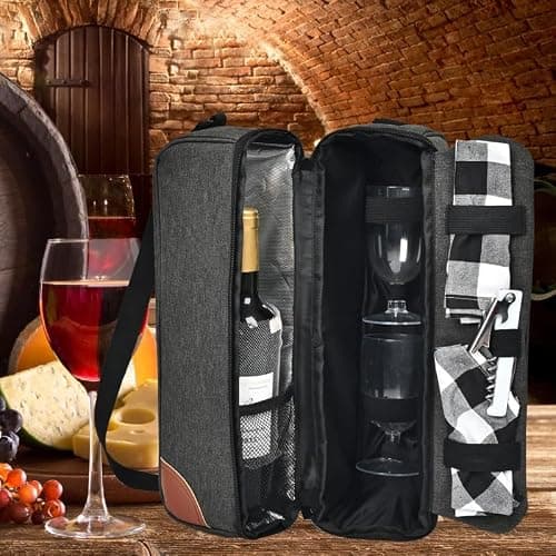 Wine Bag,Insulated Cooler Bag with Wine Glasses Steel Corkscrew Bottle Opener and Napkins Portable Wine Gift Bag for Picnics,Party,Travel (Gray) — view 5