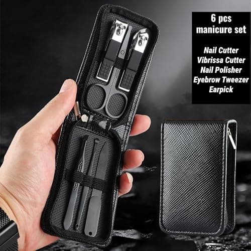Men's Manicure Set of 6, High-Carbon Steel, Nail Clippers, Round-tip Vibrissa Scissors, Nail File, Earpick, Black Travel Case — view 3