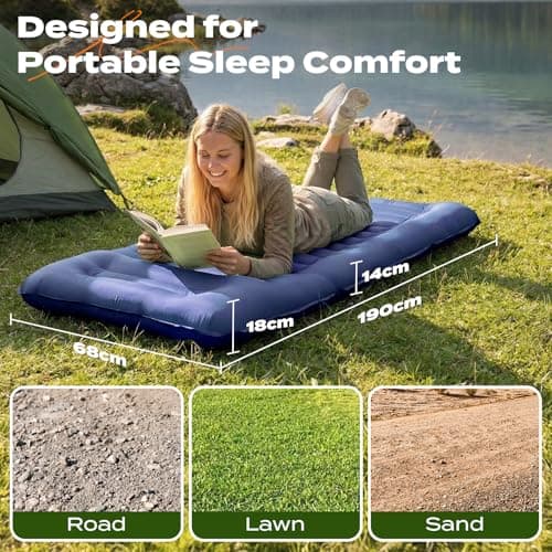Inflatable Camping Sleeping Pad with Built-in Foot Pump 14cm Thick Waterproof & Tear-Resistant 50D Nylon Mattress Portable, Compact Air Mat for Backpacking, Hiking, Tents, Navy Blue, 190 X 68 X 14 CM — view 3
