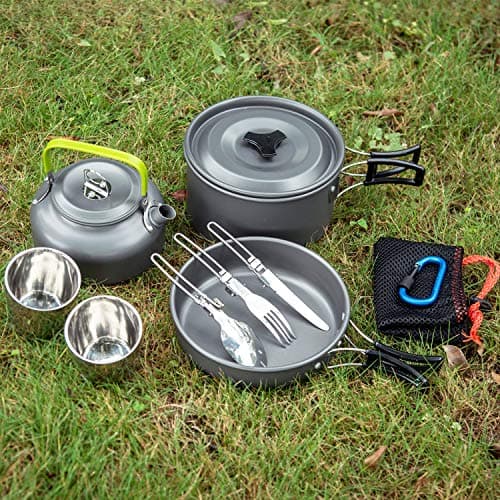 Odoland Camping Cookware Mess Kit for 2 People, Lightweight Outdoor Pot Pan Kettle with 2 Cups, Fork Spoon Cookware Kit Backpacking Picnic Gear for Trekking and Hiking — view 5