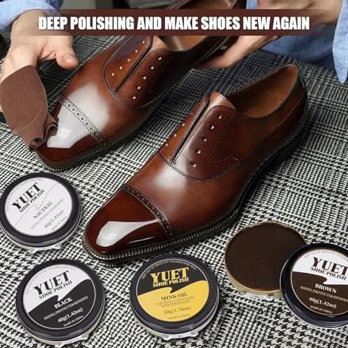 YUET Shoe Polish Kit Cleaning Shine Care Barrel Set For Brown Black Leather With Brush Travel Case Luxury Premium Soft Horsehair Bristle Dauber, Wooden Applicator, Shoehorn, Case 13Pcs (Brown) — view 5