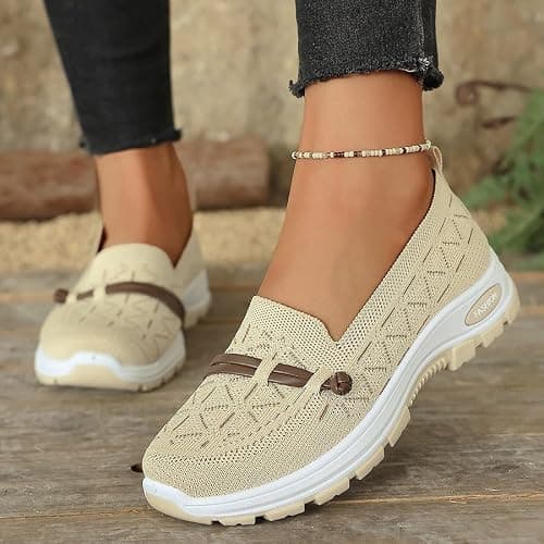 Women's Slip On Walking Shoes Breathable Mesh Knit Flats (Coffee,4) — view 5