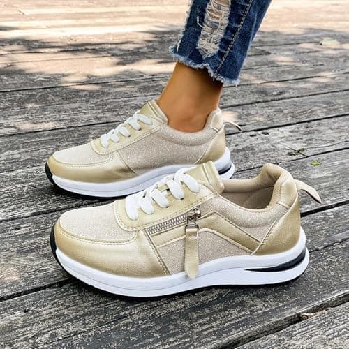 Womens Gym Trainers Wide Fit Womens Orthopedic Trainer with Arch Support Cushion Memory Foam Wedge Trainer Running Shoes Non Slip Platform Walking Sneakers Sport and Outdoor Shoes Gold 6.5 — view 4