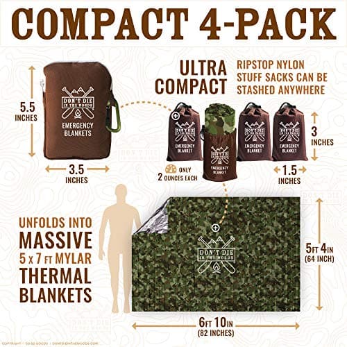 Don't Die In The Woods - Freakin’ Huge Emergency Blankets [4-Pack] Extra-Large Thermal Mylar Space Blankets with Ripstop Nylon Stuff Sacks + Carabiner Zipper Pack [Woodland Camo] — view 3