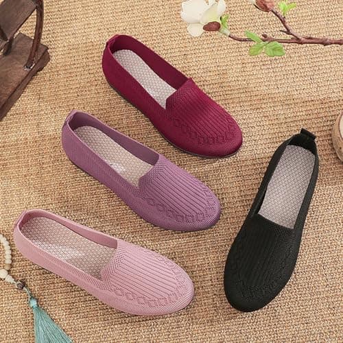 UK 8.5 Women's Knitted Flat Shoes Extra Wide Eee Fit Lightweight Comfortable Loafers Women Footwear Slip on Casual Breathable Mesh Walking Shoes Low-Top Round Toe Trainers A0_Black Clearance — view 5