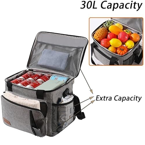 30L Cooler Bag Thermal Insulated Picnic Family Lunch Bag Waterproof Cool Bags Large Shopping Bag for Beach Picnic Camping Travel Grey — view 2