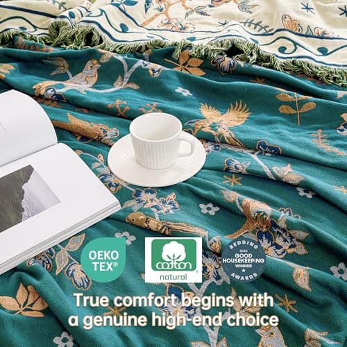 VANJOROY 100% Organic Cotton Fall Boho Throw Blanket for Sofa and Bed,Green — view 6