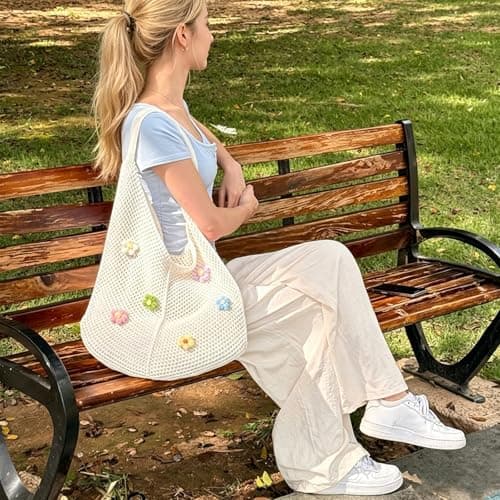 FOSDICK Crochet Beach Bags for Women, Summer Beach Tote Bag, Weave Large Capacity Pool Bag Featuring Six Flowers, Foldable Holiday Bags for Women for Travel Shopping Picnic (Off White) — view 3